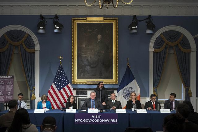 Mayor Bill de Blasio at a news conference on March 15th, 2020 announcing the closure of in-person classes for at least a month because of COVID-19. The mayor eventually extended the closure through the entire school year.